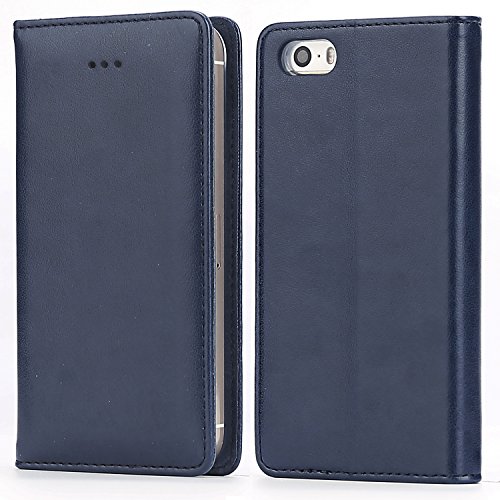 IPHOX Funda Compatible Con iPhone SE 2016 (No para 2020) / iPhone 5S / iPhone 5, Funda con Tapa de Cuero con Cartera en Folio Premium Para Apple iPhone SE 2016 / 5S / 5, Blue/E