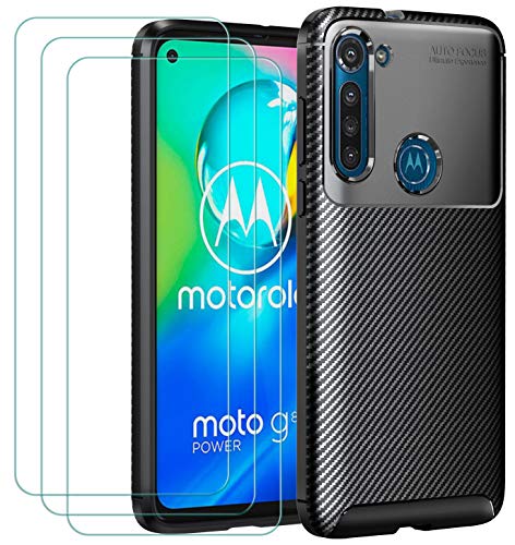 ivoler Funda para Motorola Moto G8 Power + 3 Unidades Cristal Templado, Fibra de Carbono Negro TPU Suave de Silicona [Carcasa + Vidrio Templado] Ultra Fina Caso y Protector de Pantalla