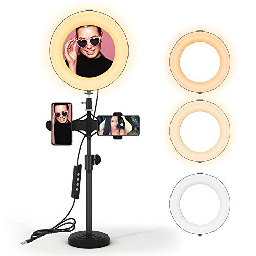 JIM'S STORE Aro de Luz LED 8 Pulgadas Regulable con Trípode y Soporte para Movíl,3 Modos de Luz 3200k-6500k 10 Niveles de Brillo para Youtube Maquillaje Selfie Transmisión y Vivo Grabación de vídeo.