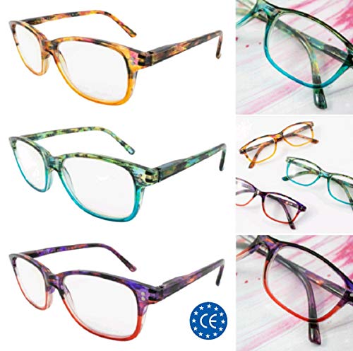 JSG Pack 3 unidades Gafas de Lectura, Diseño mujer Moderna, Dioptrías: 1.0 al 4.0 Vista Cansada, Gafas de cerca, lectura con Filtro Luz, Protección Antifatiga, HR3007 (3.0 Dioptrías)