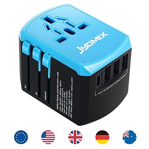 JYDMIX - Fuente de alimentación universal todo en uno USB adaptador de viaje con 3 puertos USB y Tipo-C cargador AC de pared internacional (azul)