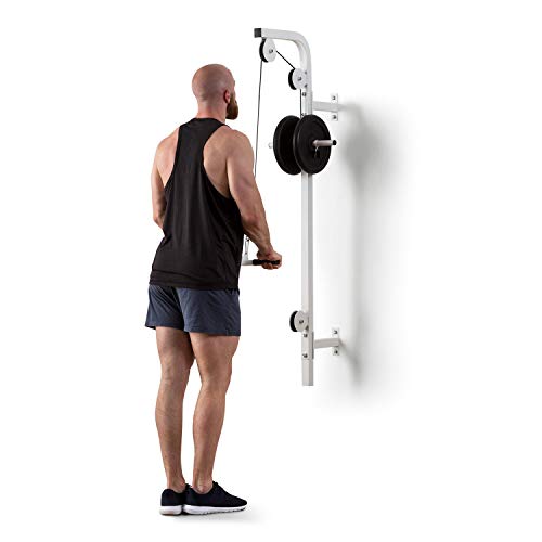 Klarfit Stronghold Latzug - Máquina de poleas, Poleas de Entrenamiento, En casa, Montaje en Pared, Hassta 100 kg, 2,5 m de Cuerda, Barra de tríceps, Estructura de Acero, Silencioso, Blanco