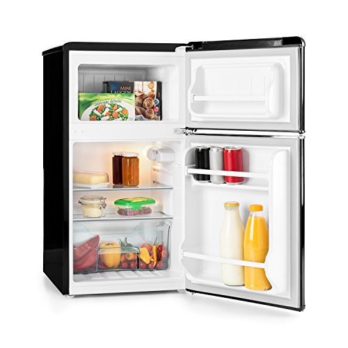 KLARSTEIN Monroe Black - Nevera con congelador, Retro, refrigerador de 61 l, congelador de 24 l, 2 estantes de Vidrio, 2 estantes en Las Puertas, 5 Niveles de enfriamiento, 40 dB, Negro