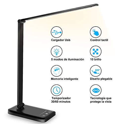 Lámpara Escritorio LED, Flexo de Escritorio, La luz natural protege los ojos, Lámpara de mesa regulable con puerto de carga USB, 5 Modos, 10 Niveles de Brillo,Temporizador de 30/60min, negro