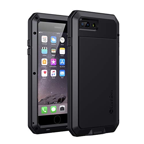 Lanhiem Funda iPhone 7 Plus / 8 Plus, [Rugged Armour] Antigolpes Metal Estuche Protectora, Absorción de Choque y Duradera Fundas con Protector de Pantalla Vidrio Carcasa para iPhone 7 8 Plus, Negro