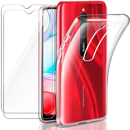 Leathlux Funda Xiaomi Redmi 8 + 2 x Protector de Pantalla Xiaomi Redmi 8, Transparente TPU Silicona Funda + Cristal Vidrio Templado Protector de Pantalla y Carcasas Xiaomi Redmi 8