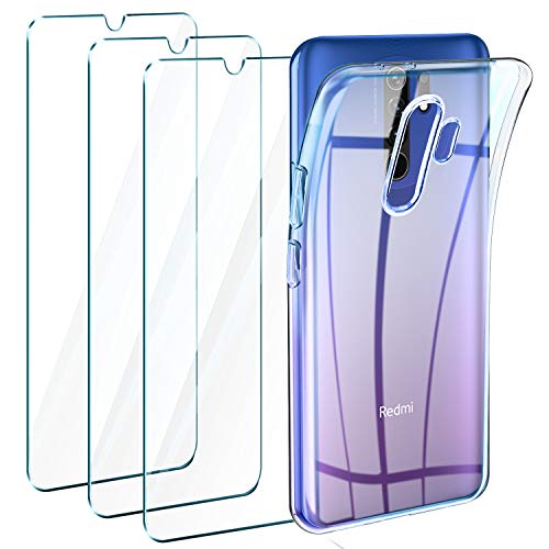 Leathlux Funda Xiaomi Redmi 9 + 3 x Protector de Pantalla Xiaomi Redmi 9, Transparente TPU Silicona Funda + Cristal Vidrio Templado Protector de Pantalla y Carcasa Xiaomi Redmi 9 6.6"