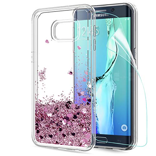 LeYi Compatible con Funda Samsung Galaxy S6 Edge Plus Silicona Purpurina Carcasa con HD Protectores de Pantalla,Transparente Cristal Bumper Telefono Fundas Case para Movil S6 Edge Plus ZX Oro Rosa