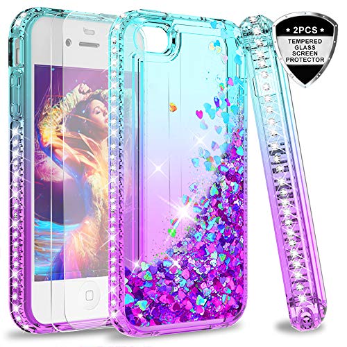 LeYi Funda iPhone 4 / 4S Silicona Purpurina Carcasa con [2-Unidades Cristal Vidrio Templado],Transparente Cristal Bumper Telefono Fundas Case Cover para Movil iPhone 4 / 4S ZX Púrpura/Azul