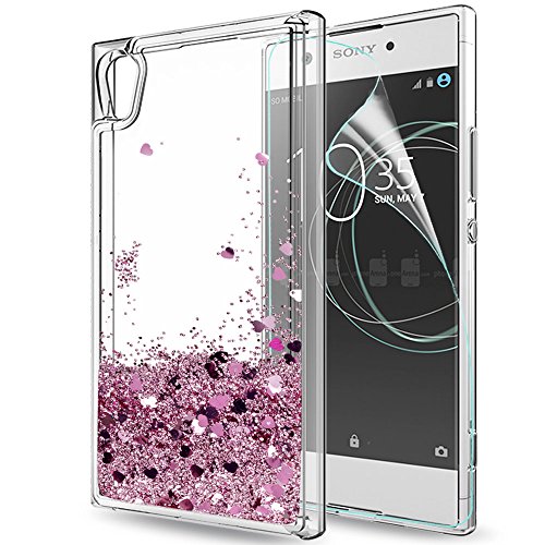 LeYi Funda Sony Xperia XA1 Silicona Purpurina Carcasa con HD Protectores de Pantalla,Transparente Cristal Bumper Telefono Gel TPU Fundas Case Cover Para Movil Sony Xperia XA1 ZX Oro Rosa