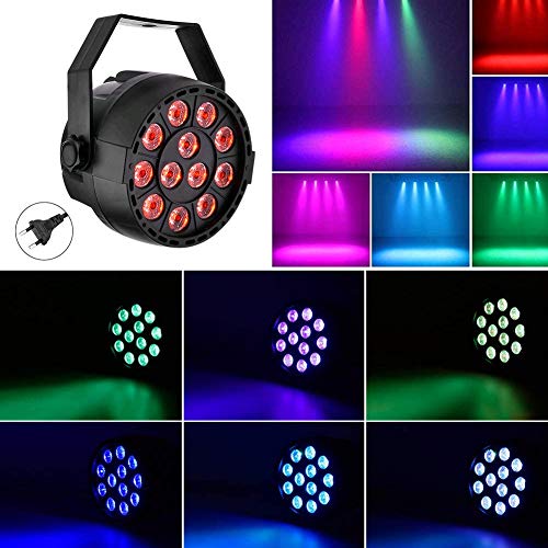 Luz de Escenario Par LED, Lacyie Luces Discoteca 18W 12LED Giratoria Luces de Fiesta con Sonido Activado, 7 Colores RGB DMX Controlar para Cumpleaños, Fiesta, Bar, Navidad, Bodas, Halloween, KTV