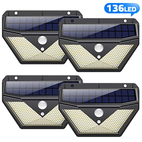 Luz Solar Exterior,【4Pack-136LED-2000mAh】Trswyop Foco Solar Exterior con Sensor de Movimiento Luces led con Gran Ángulo de Iluminación 270ºLámpara Solar Impermeable IP65 para Jardín