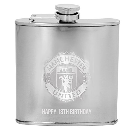 Manchester United FC - Petaca Oficial con Logo Grabado a láser- Cromo - Viene en una Caja de Regalo - 170 ML - Plateado - Happy 18th Birthday