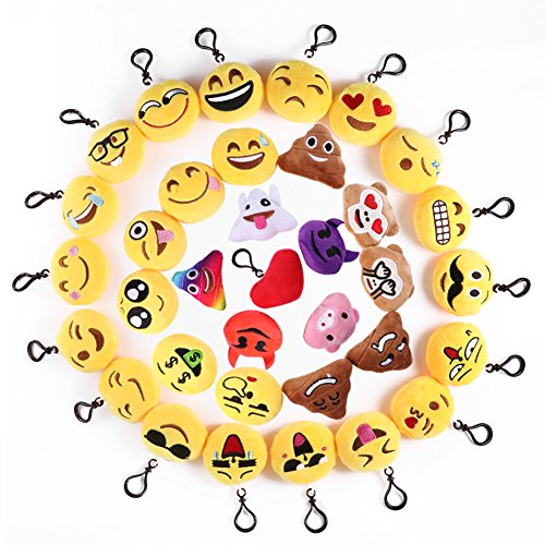 Mini Emoji Llavero, 35 Pack Emoticon Llavero Felpa Peluche Emoji encantadora almohada para la decoración de bolsos mochilas y Llaves Regalitos para niños cumpleaños Colgante de decoración para Coche