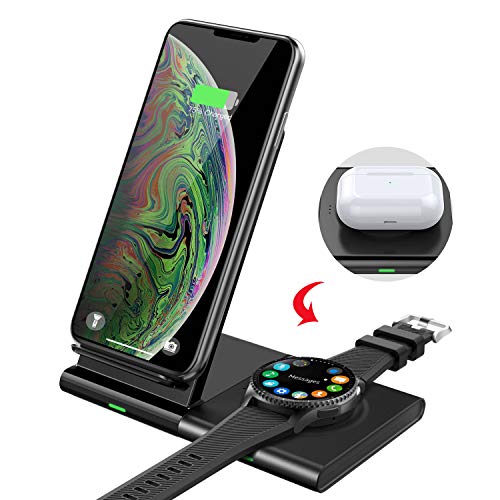 MoKo Qi Cargador Inalámbrico Rápido, 2 en 1 10W Carga Base Fast Wireless Charger Duo para iPhone 11/Pro Max/XR/8/AirPods Pro/2, Samsung S20/S10/S9/Galaxy Watch Active 1/2/Watch 42/46mm/Gear S3/Buds+