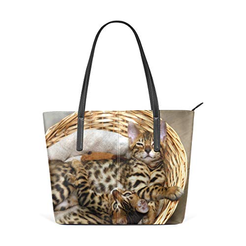 NR Moda multicolor Bolso fino Bolso de mano Bolsos de mujer Bolsos de hombro para mujer,Pequeños Gatos De Bengala En La Cesta Mimoso Gatitos De Pura Raza Felino Doméstico