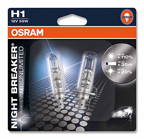 Osram 64150NBU-02B Night Breaker Unlimited H1 Lámpara Halógena para Faro Principal, 110% más Luz, 12V, 55W, Casquillo P14.5S, Embalaje Blister Doble Osram 64150NBU-02B Night Breaker Unlimited H1 Lámpara Halógena para Faro Principal, 110% más Luz, 12V, 55W, Casquillo P14.5S, Embalaje Blister Doble