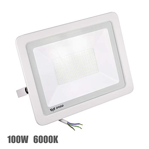 POPP® Foco Proyector LED 100W para uso Exterior Iluminación Decoración 6000K luz fria Impermeable IP65 Blanco transparente y Resistente al agua. (100)