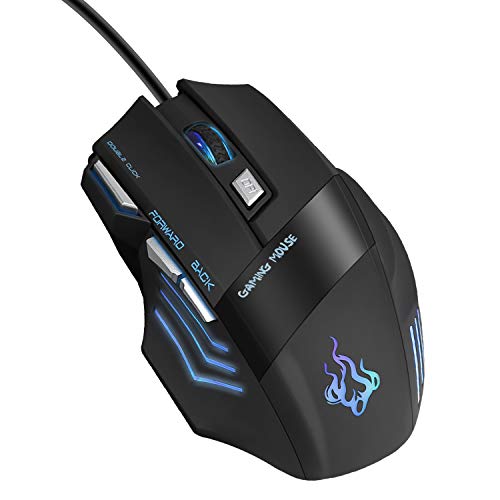 QueenDer Ratón Gaming [Nueva Versión] Ratones Gaming Profesional con Cable USB Gaming Mouse Óptico, 4 dpi Adjustables y 7 Botón Compatible con Windows 7, 8, 10, XP, Vista, ME, 2000 y Mac OS - Negro