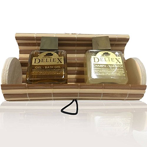 Regalo de baúl alargado de mimbre en tonos marrones con gel de baño y champú de Soja y Jojoba (Pack 24 ud)