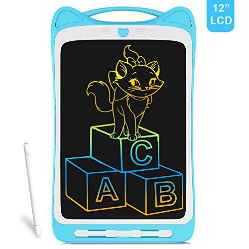 Richgv Almohadilla de Escritura LCD, 12 Pulgadas, Función de Bloqueo, Pizarra de Color, Pizarra de Dibujo Portátil, en Lugar de Papel, Adecuada para Niños y Adultos (Gato,Azul)
