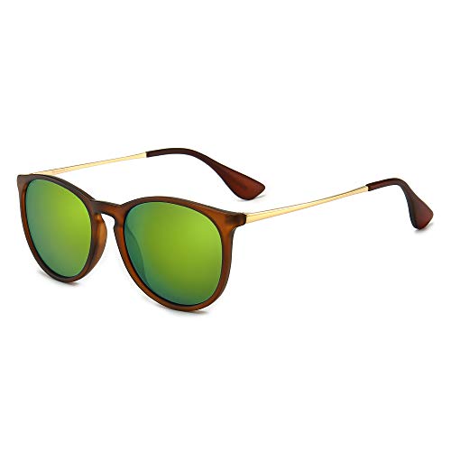 SUNGAIT Clásico Retro Redondas Gafas de sol Mujer Hombre Unisex 400 UV Marrón/Amarillo-Verde 1567