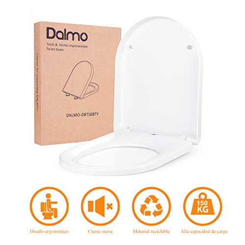 Tapa de WC, DALMO Polipropileno Asiento de inodoro con forma de D fabricado, asiento de inodoro con cierre suave que evita golpes, antideslizante y cierre rápido de 1 botón para una fácil Tapa de WC, DALMO Polipropileno Asiento de inodoro con forma de D fabricado, asiento de inodoro con cierre suave que evita golpes, antideslizante y cierre rápido de 1 botón para una fácil