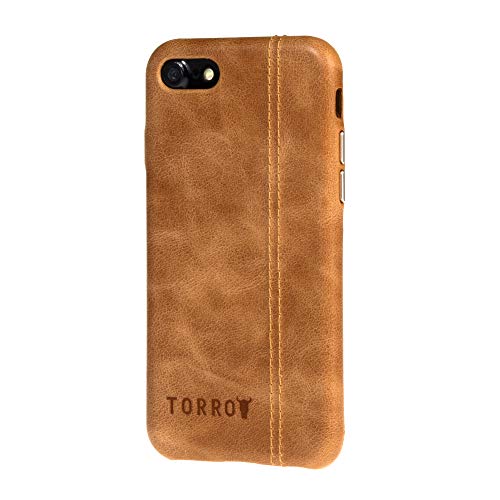 TORRO Funda Carcasa Bumper Compatible con Apple iPhone SE (2020) y iPhone 8/7 Cuero Genuino de Calidad [Compatible con Qi] [Forrado en Microfibra] [Botones de Metal Cepillado] 4.7" (Marrón Claro)