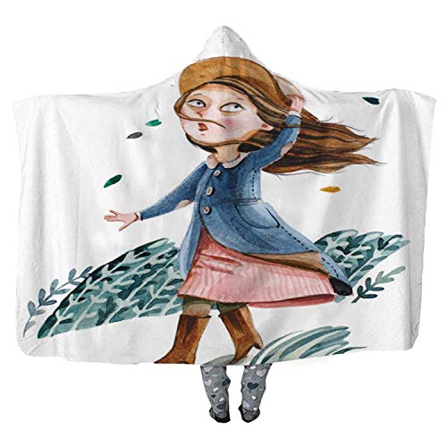 UKSILYHEART Hooded Blanket 130x150cm Wearable Blanket Watercolor jeffcyb Isolated on White Background Wearable Blanket Adult Women Men Kids Wearable Blanket The Girl in Coat and Hat go for a Walk