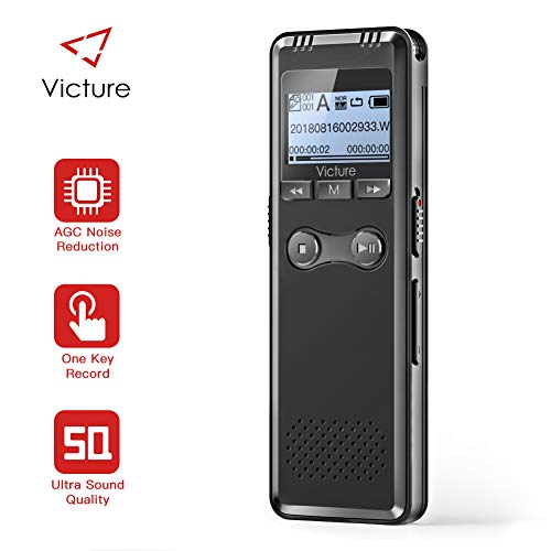 Victure Grabadora de Voz Digital con Sonido USB de 8GB a 1536 Kbps, Grabación de HD, Grabadora de Audio Portátil Activada Reducción de Ruido con Recargable Reproductor de MP3 con 2 Micrófono