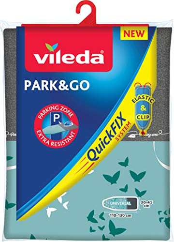 Vileda Park & Go - Funda de planchar con zona parking, forro metalizado y ajustable, extra resistente para apoyar la plancha, 130 x 45 cm, colores surtidos Vileda Park & Go - Funda de planchar con zona parking, forro metalizado y ajustable, extra resistente para apoyar la plancha, 130 x 45 cm, colores surtidos