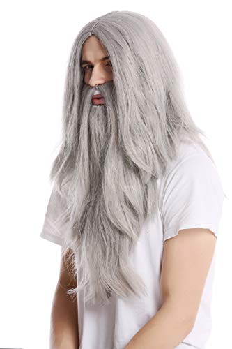 WIG ME UP ® - PW0210-ZA68E Peluca Lisa Larga & Barba Carnaval Color Gris Mago profeta Motero Mayor