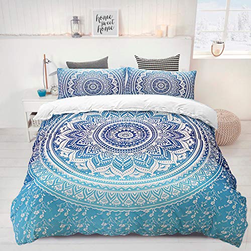 WONGS BEDDING Juego de Funda nórdica Mandala Azul de la Ropa de Cama Bohemia 3 Piezas Juego de Funda nórdica de la Ropa de Cama para niñas Juego de Funda de edredón con Fundas 220 * 240 cm