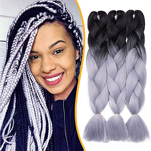 24"(60cm) Extensiones de Pelo Sintético para Hacer Trenzas Africanas Cabello Se Ve Natural Braiding Twist Crochet Hair 3 PCS #Negro-Gris (60cm,300g)