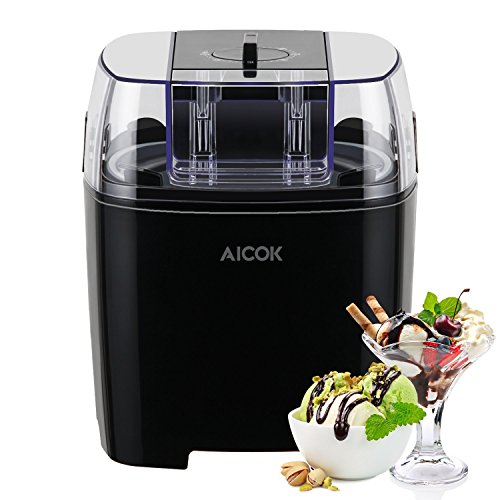 Aicok 1.5 Litro Maquina de Helados con Temporizador para Hacer Helado，Sorbete y Yogur Congela en 15-30 Minutos，Máquina de Bajo Consumo 250W, Sin BPA, Recetas Incluido, Negro