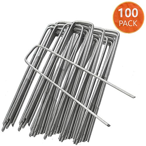 Clavijas de jardín Estacas Grapas Sujeción de césped Alfileres de clavos en forma de U Ideal para el control de malezas Membrana/Tela/Malla Clavija de tierra galvanizada 150mm/6pulgadas Paquete de 100