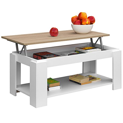 COMIFORT Mesa de Centro Elevable - Mueble con Revistero, Gran Almacenaje, Estilo Moderno, Muy Resistente, Fabricada en Europa, Color Blanco y Roble COMIFORT Mesa de Centro Elevable - Mueble con Revistero, Gran Almacenaje, Estilo Moderno, Muy Resistente, Fabricada en Europa, Color Blanco y Roble