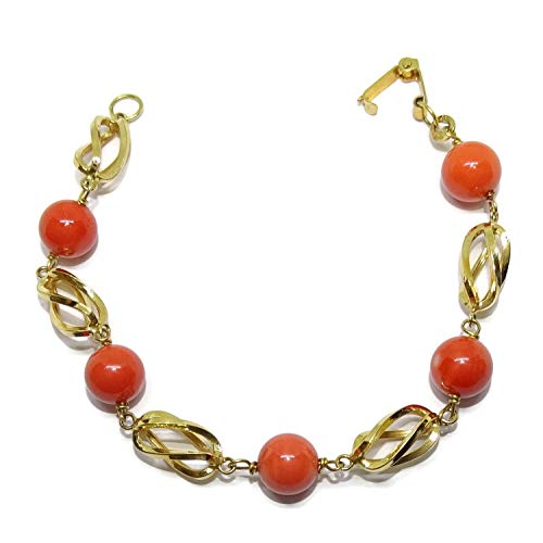 Never Say Never Última Unidad de Esta Preciosa y Elegante Pulsera de Oro Amarillo de 18K con 5 Bolas de auténtico Coral de 9mm de diámetro y Pulsera Tipo reja unida a Mano. 18.50cm