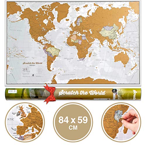 Póster del mapa mundi de rascar con tubo de regalo - extragrande - 84 x 59 cm - Maps International - 50 años haciendo mapas - Detalles cartográficos con el país y los países limítrofes