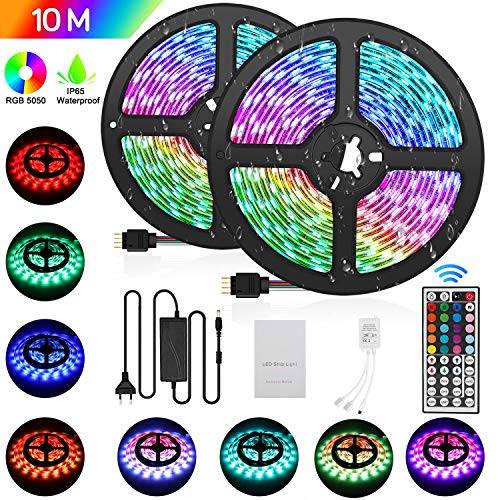 Tiras LED 10M 5050 RGB Tiras de Luces LED Iluminación con 300, Adaptador de Alimentación 5A Impermeable IP65, Control Remoto de 44 Claves LED Kit Completo Tiras LED 10M 5050 RGB Tiras de Luces LED Iluminación con 300, Adaptador de Alimentación 5A Impermeable IP65, Control Remoto de 44 Claves LED Kit Completo