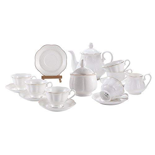 15PCS Juego de Café Porcelana Inglesa - Vintage Blanco Juego de 6 Tazas de Té y 6 Platillos con Tetera en Relieve de Flores Set de Tazas de Café 15PCS Juego de Café Porcelana Inglesa - Vintage Blanco Juego de 6 Tazas de Té y 6 Platillos con Tetera en Relieve de Flores Set de Tazas de Café