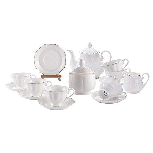 15PCS Juego de Café Porcelana Inglesa - Vintage Blanco Juego de 6 Tazas de Té y 6 Platillos con Tetera en Relieve de Flores Set de Tazas de Café