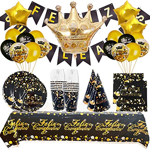 Decoración Cumpleaños Adulto Negro Oro y Vajilla Desechable de Feliz Cumpleaños Negro dorado - Conjunto de Fiesta Accesorio Plato Vaso Pancartas y Globos para Mujer Hombre - 16Invitados