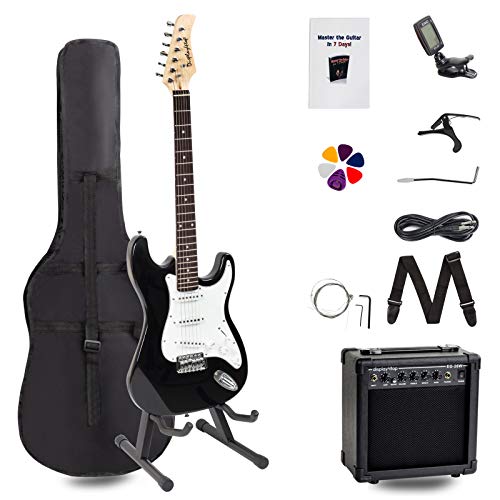 Display4top Kit de guitarra eléctrica Amplificador de 20 vatios, soporte de guitarra, bolsa, púa de guitarra, correa, cuerdas de repuesto, sintonizador, estuche y cable (Negro-Negro)