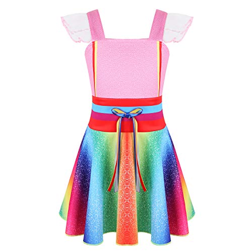 Freebily Vestido Fantasía para Niñas Princesa Fiesta Boda Ceremonia Comunión Vestidos Verano Manga Corta de Malla Volante Falda Plisada de Arcoiris Cinturón Rainbow Color 8-9 Años
