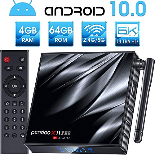 pendoo Android TV Box 10.0 4GB RAM 64GB ROM, [2020 más Nuevo] X11 Pro TV Box Allwinner H616 Quad-Core 64bit con Dual-WiFi 2.4G / 5GHz BT 4.2, USB 3.0 Ultra HD 6K H.265 Android TV Box