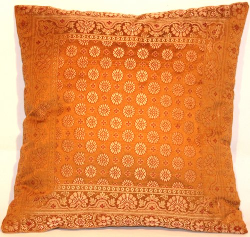 Ruwado Banarasi - Funda de cojín Indio de Seda, para sofá, cojín Decorativo, 40 x 40 cm, 16 x 16 Pulgadas, Tejido a Mano y Hecho a Mano de Cachemira, Ocre, 40 x 40 cm | 16 x 16 Zoll