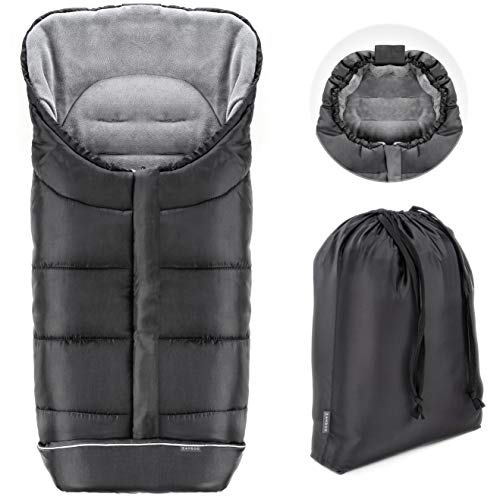 Zamboo - Saco de invierno Universal para Cochecito y Silla de paseo - Protección antideslizante, Forro Polar térmico Deluxe, capucha tipo momia, reflectores y bolsa, negro/gris