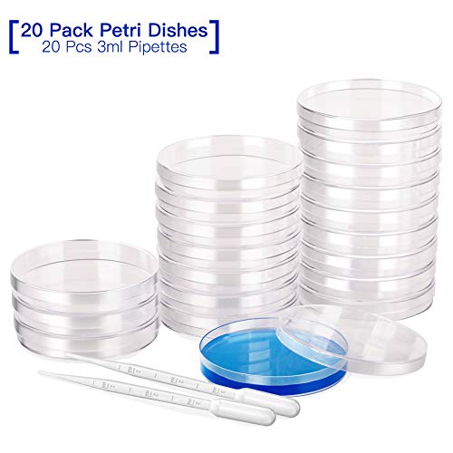 20Pcs Placa de Petri de Plástico,Placa de Petri de Plástico(90 mm x 15 mm),para Semillas Hongos Análisis de Laboratorio Viene con 20 pipetas de transferencia de plástico(3ml)