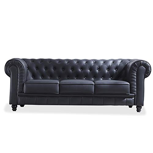 Adec - Chesterfield, Sofa de Tres plazas, Sillon Descanso 3 Personas Acabado en simil Piel Color Negro, Medidas: 211 cm (Largo) x 84 cm (Fondo) x 75 cm (Alto)